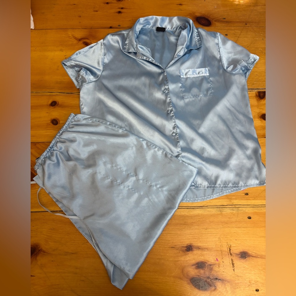 Secret Treasures Satin Pajama Set Blue Stripe | Top & Pants | No Size Tag